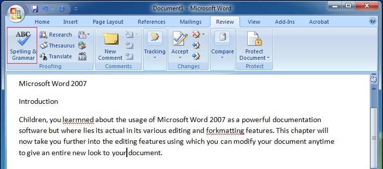 Editing Text in Microsoft Word 2007 Spellings and Grammar 