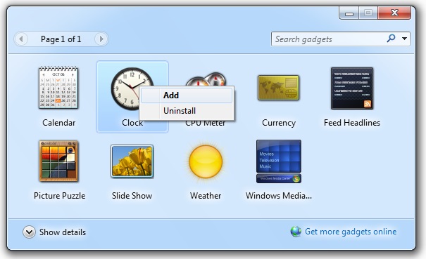 Windows Settings - Gadget and choose Add option